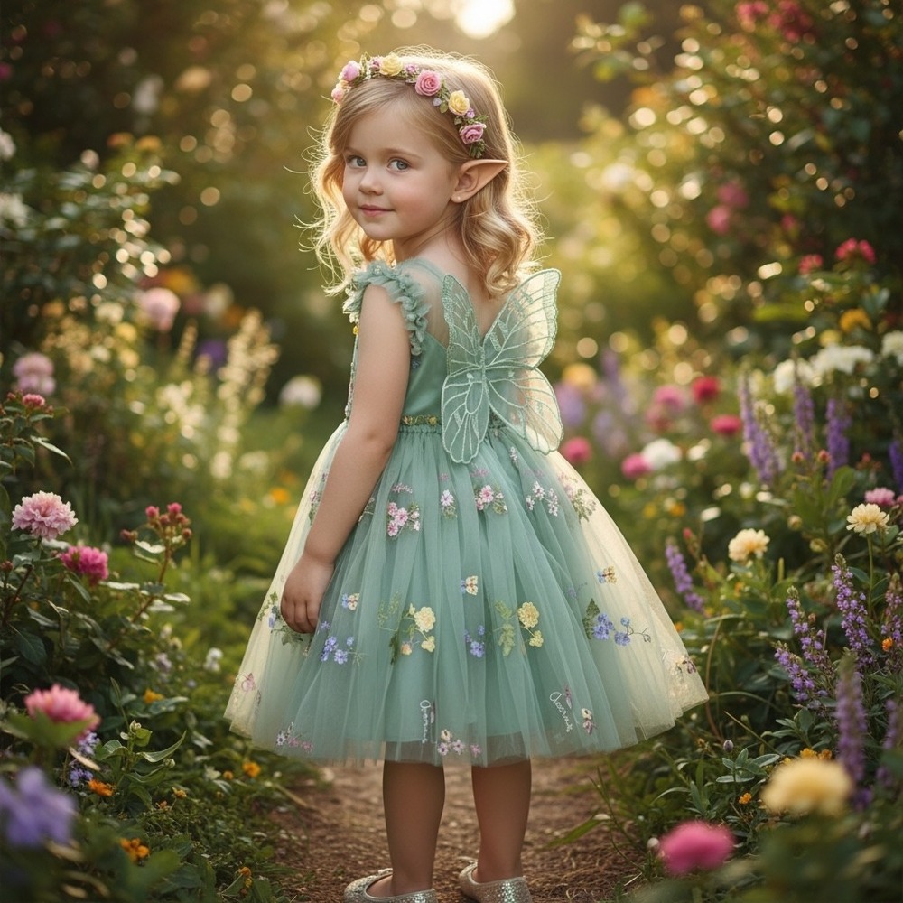 NEW Sage Green Floral Fairy Costume Dress & Elf Ears Set Girls Size 3